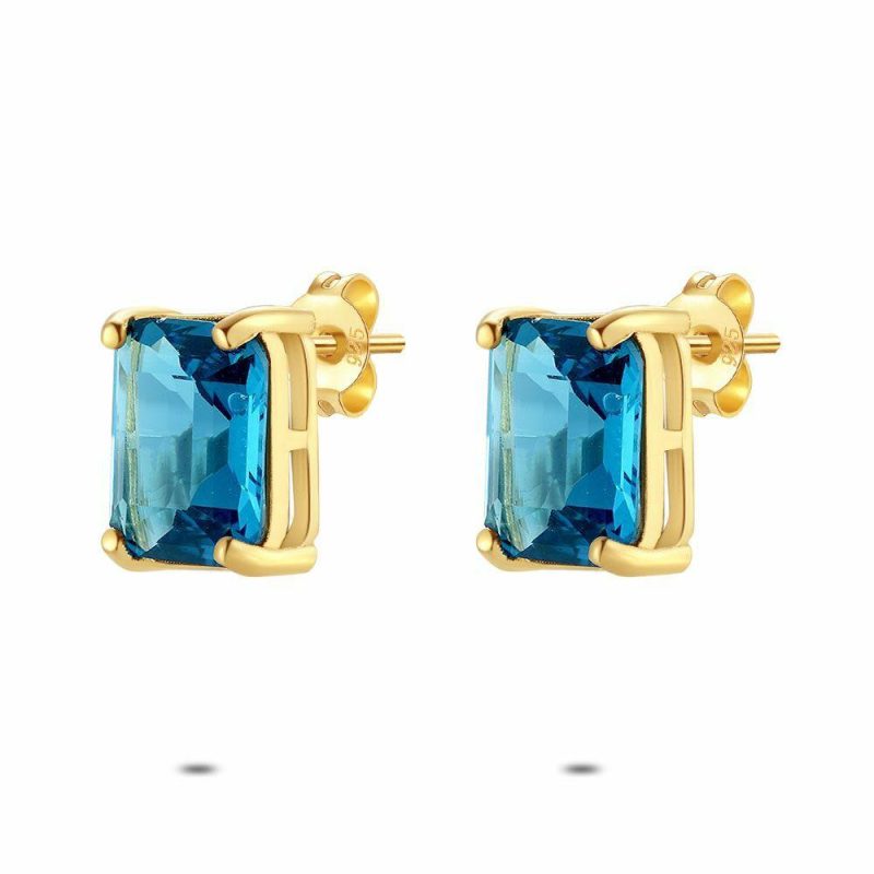 Boucles D’oreilles | Boucles D’Oreilles en Argent Plaqué Or 18 Ct, Zircon Rectangulaire Bleu Bleu – Femmes Bijoux Bleu