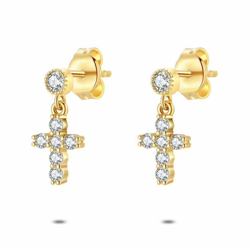 Boucles D’oreilles | Boucles D’Oreilles en Argent Plaqué Or 18Ct, Croix Suspendue, Zircone Blanc – Femmes Bijoux Blanc