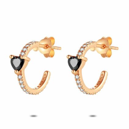 Boucles D’oreilles | Boucles D’Oreilles en Argent Rosé, Boucle Ouverte Avec Zircone en Forme de Coeur Noir Noir – Femmes Bijoux Boucles D'oreilles