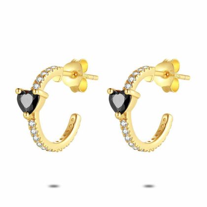 Boucles D’oreilles | Boucles D’Oreilles en Argent, Ton Or, Boucle Ouverte Avec Zircone en Forme de Coeur Noir Noir – Femmes Bijoux Boucles D'oreilles