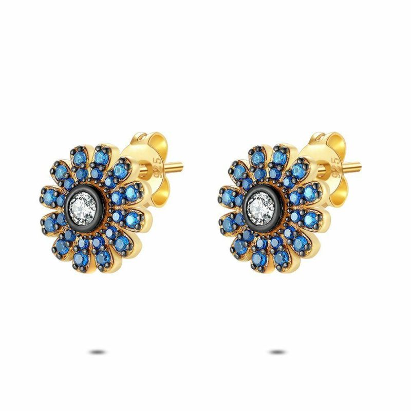 Boucles D’oreilles | Boucles D’Oreilles en Or Plaqué 18 Ct, Fleur, Bleu et Blanc Bleu – Femmes Bijoux Bleu