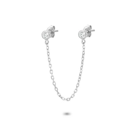 Boucles par Pièce | Boucle D’Oreille en Argent, Par Pièce, 2 Zircons Sur Chaîne Blanc – Femmes Bijoux Blanc