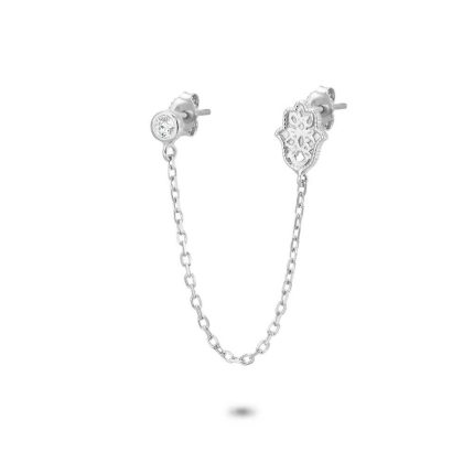 Boucles par Pièce | Boucle D’Oreille en Argent, Par Pièce, Zircon et Main Sur Chaîne, Boucle 2 Trous Blanc – Femmes Bijoux Blanc