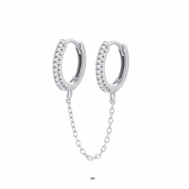 Boucles par Pièce | Boucle D’Oreille Par Pièce en Argent, 2 Anneaux Sur Chaîne, Zircons Blanc – Femmes Bijoux Blanc