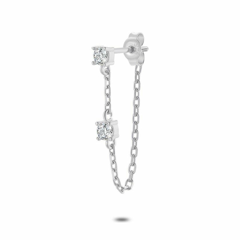 Boucles par Pièce | Boucle D’Oreille en Argent, 2 Zircons Sur Chaîne Blanc – Femmes Bijoux Blanc