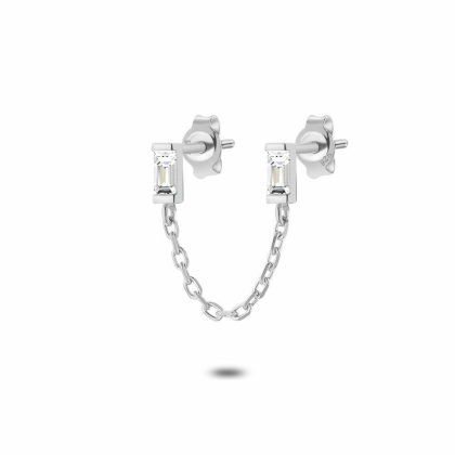 Boucles par Pièce | Boucle D’Oreille en Argent, Zircons Rectangulaires, Chaîne Blanc – Femmes Bijoux Blanc