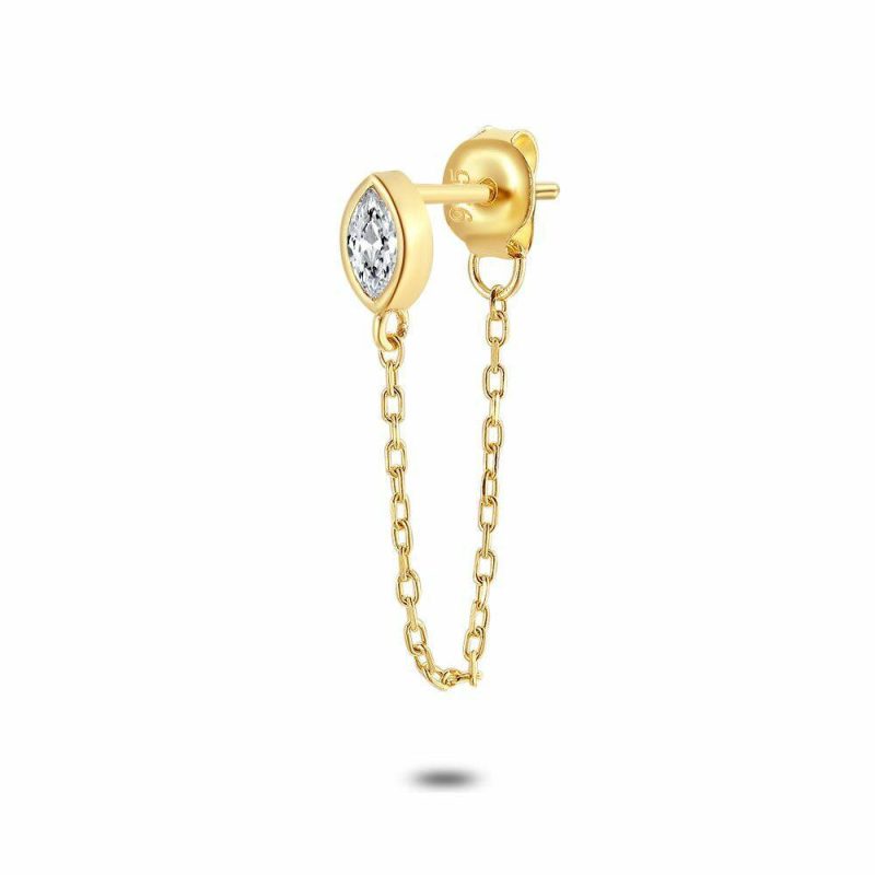 Boucles par Pièce | Boucle D’Oreille Par Pièce en Argent Plaqué Or 18Kt, Ellipse, 1 Zircone Blanc – Femmes Bijoux Blanc