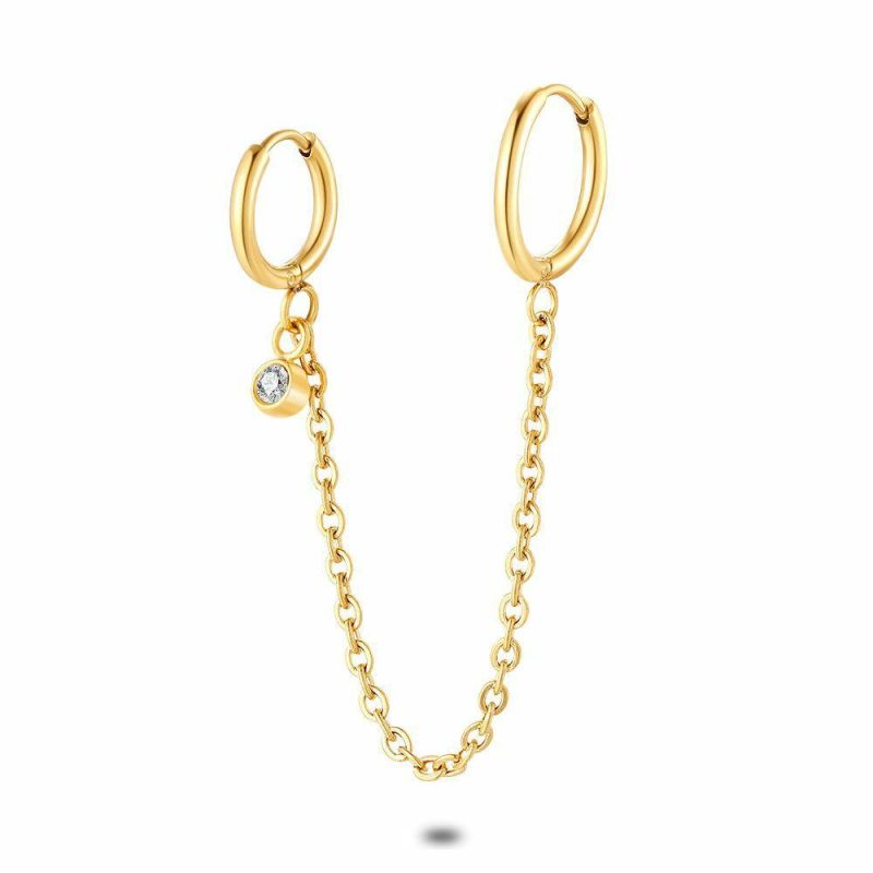 Boucles par Pièce | Boucle Par Pièce en Acier Poli Couleur Or, 2 Anneaux, Chaîne, Cristal Pas de couleur – Femmes Bijoux Boucles par Pièce