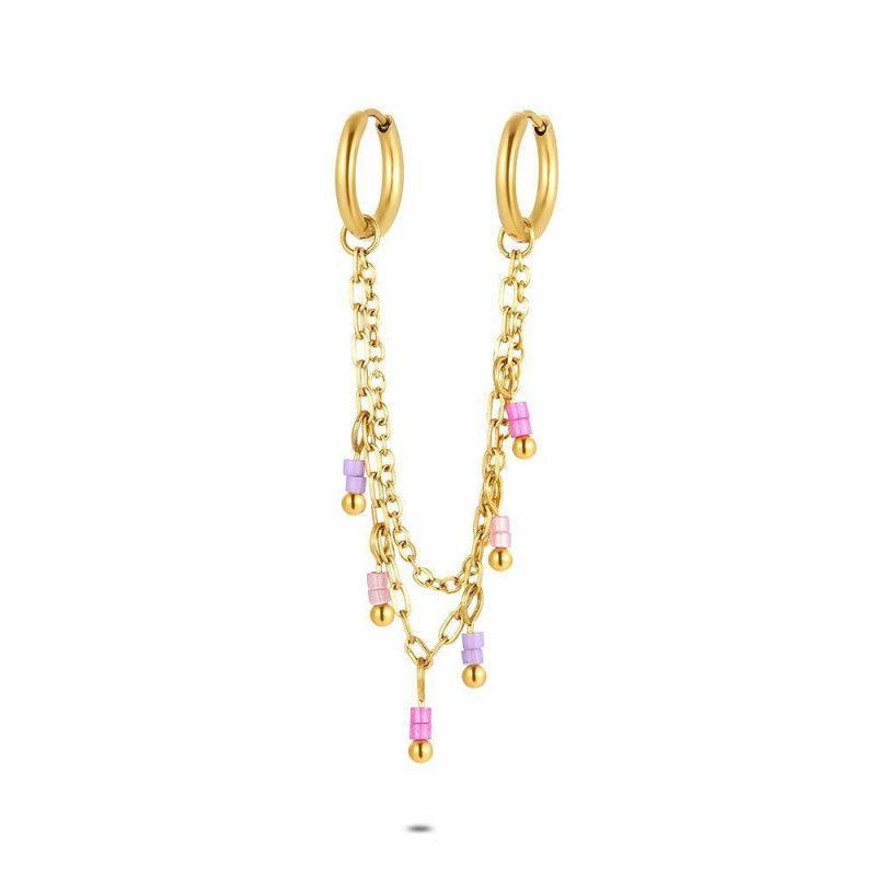 Boucles par Pièce | Boucle Par Pièce en Acier Poli Couleur Or, Mauve et Rose Multi – Femmes Bijoux Boucles D'oreilles