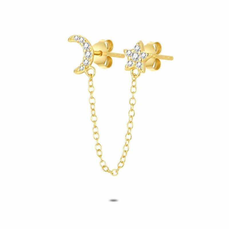 Boucles par Pièce | Boucle Par Pièce en Argent Plaqué Or 18Ct, Lune et Étoile Blanc – Femmes Bijoux Blanc