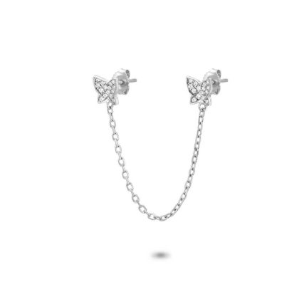 Boucles par Pièce | Boucles D’Oreilles en Argent, 2 Papillons Sur Chaine Zilverkleur – Femmes Bijoux Boucles par Pièce