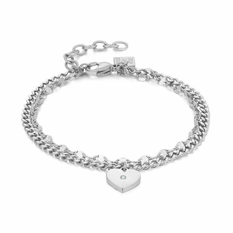 Bracelets | Bracelet en Acier Poli, 2 Chaînes Différentes, Coeur Blanc – Femmes Bijoux Blanc