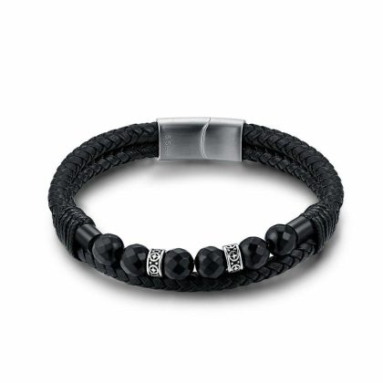 Bracelets | Bracelet en Acier Poli, 2 Rangées de Cuire Noir Tressé, 6 Boules Noires Noir – Hommes Bijoux Bracelets