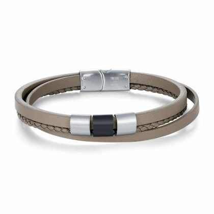 Bracelets | Bracelet en Acier Poli, 3 Rangées de Cuir, Gris, Acier Mat Gris – Hommes Bijoux Bracelets