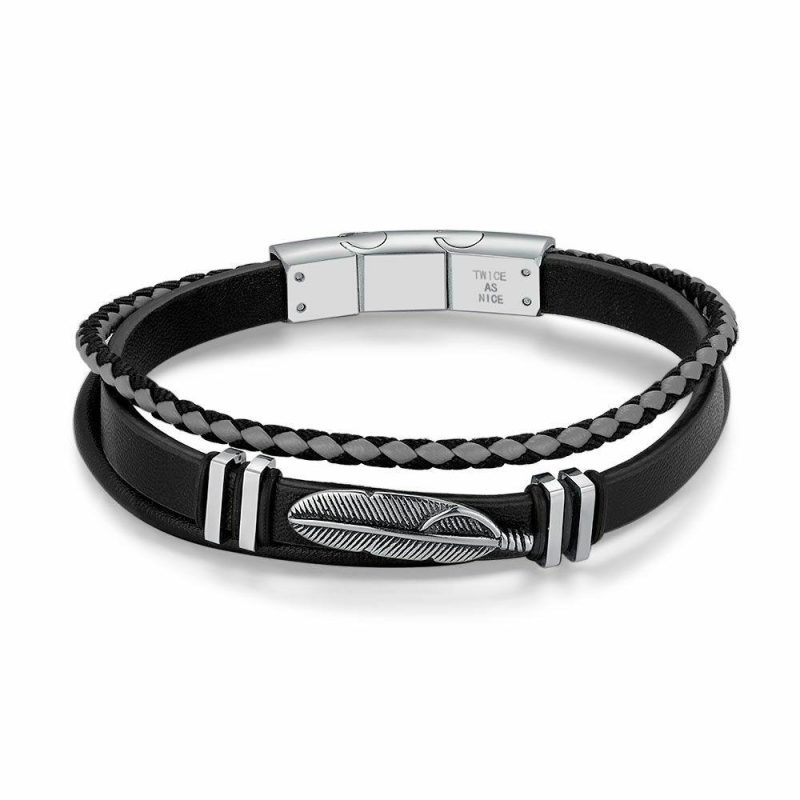 Bracelets | Bracelet en Acier Poli, 3 Rangées, Plume Noir – Hommes Bijoux Bracelets