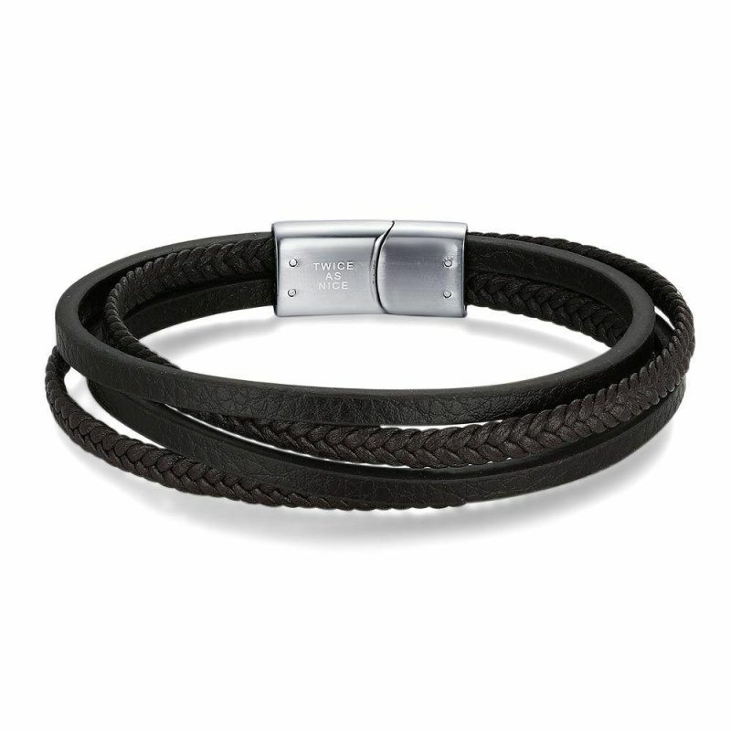 Bracelets | Bracelet en Acier Poli, 4 Rangées de Cuir Brun Brun – Hommes Bijoux Bracelets