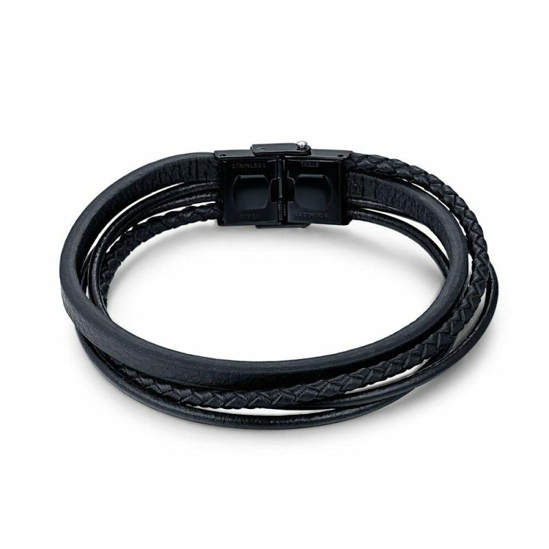 Bracelets | Bracelet en Acier Poli, 4 Rangées en Cuir Noir Noir – Hommes Bijoux Bracelets