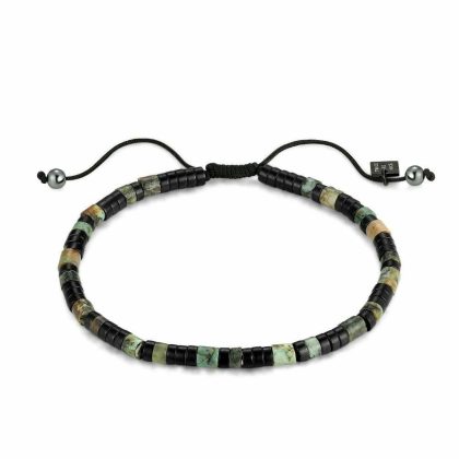 Bracelets | Bracelet en Acier Poli, Anneaux, Pierres Naturelles Vertes et Noires Sur Corde Multi – Hommes Bijoux Bracelets