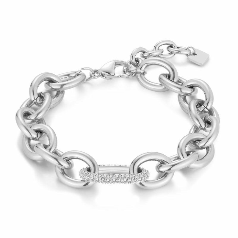 Bracelets | Bracelet en Acier Poli, Bracelet Large, Pierres Blanc – Femmes Bijoux Blanc