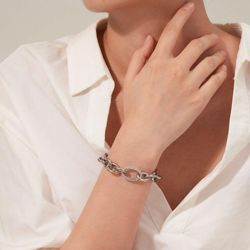 Bracelets | Bracelet en Acier Poli, Bracelet Large, Pierres Blanc – Femmes Bijoux Blanc