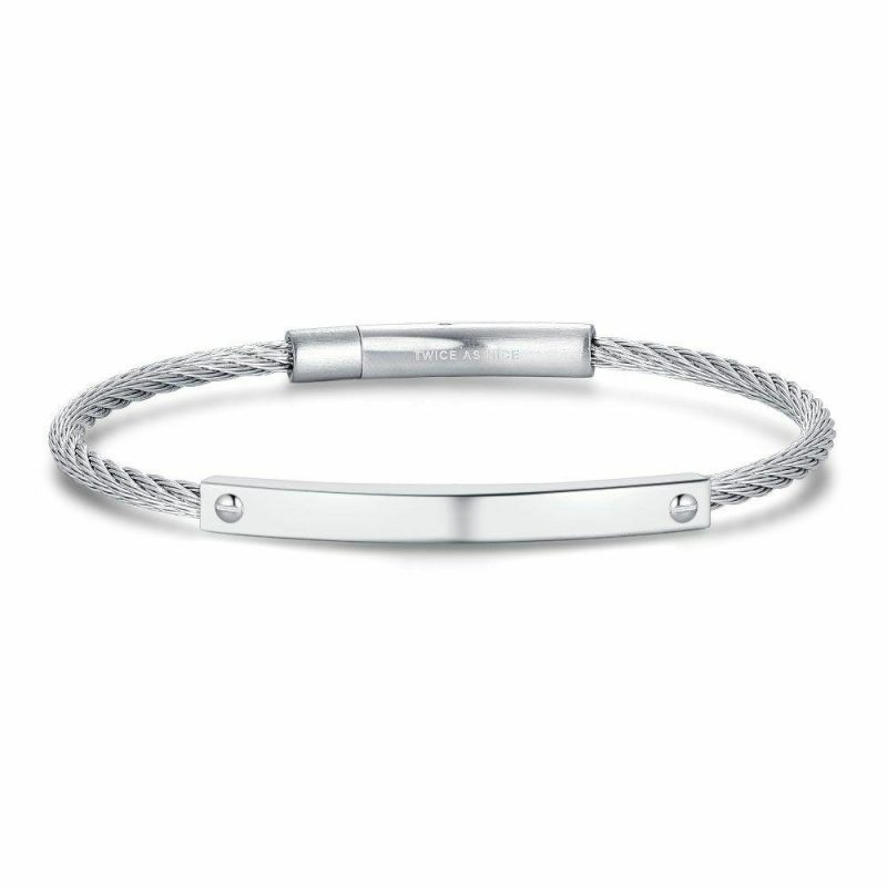 Bracelets | Bracelet en Acier Poli, Câble Tressé, Plaque Mate – Hommes Bijoux Bracelets