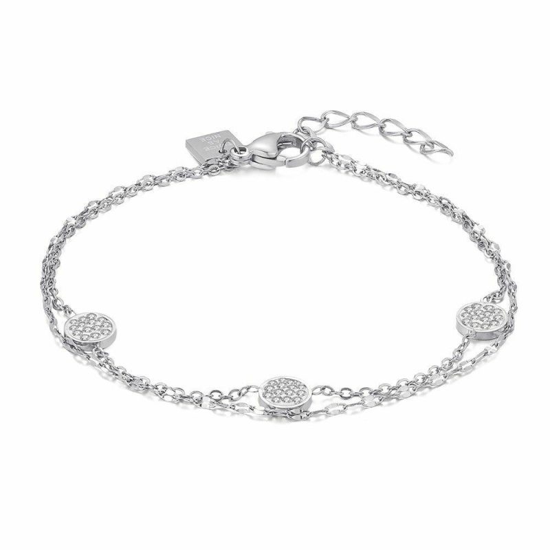 Bracelets | Bracelet en Acier Poli, Chaîne Double, 3 Ronds Avec Cristaux Blanc – Femmes Bijoux Blanc