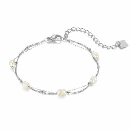 Bracelets | Bracelet en Acier Poli, Chaîne Double Avec 5 Perles D’Eau Douce Blanc – Femmes Bijoux Blanc