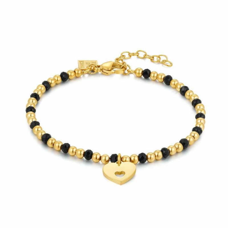 Bracelets | Bracelet en Acier Poli, Coeur, Boules Noires et Dorées Noir – Femmes Bijoux Bracelets