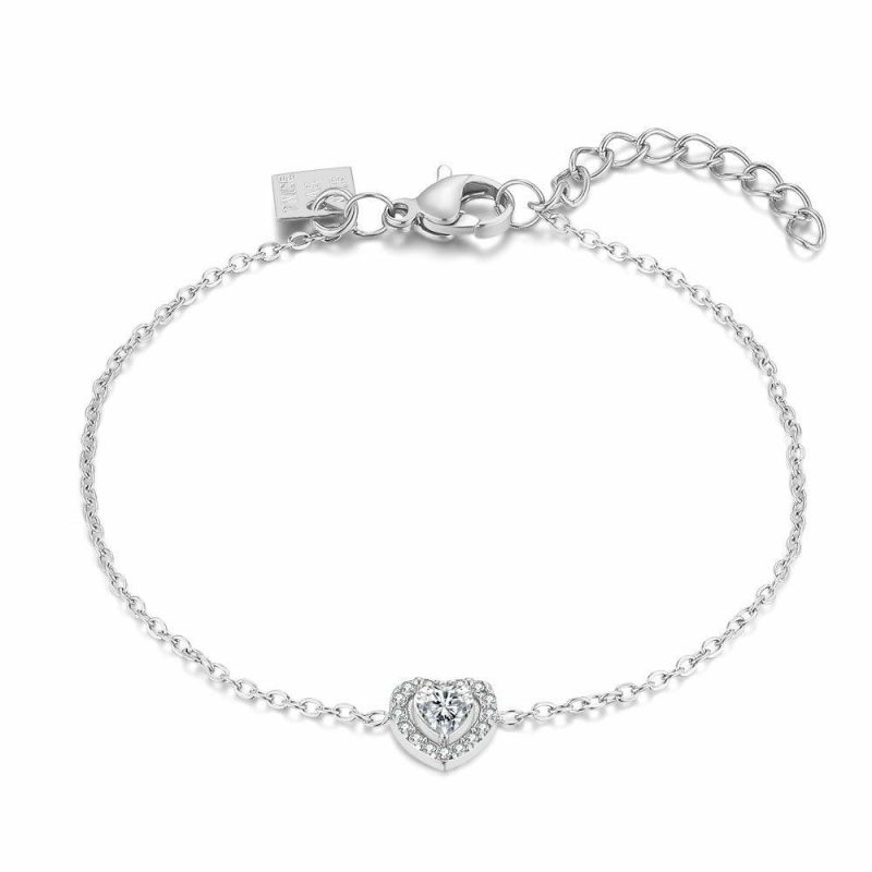 Bracelets | Bracelet en Acier Poli, Coeur, Cristaux Blanc – Femmes Bijoux Blanc