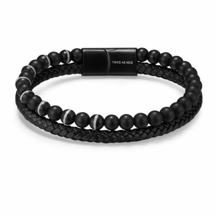 Bracelets | Bracelet en Acier Poli, Combinaison de Cuir et Agate Noire Noir – Hommes Bijoux Bracelets