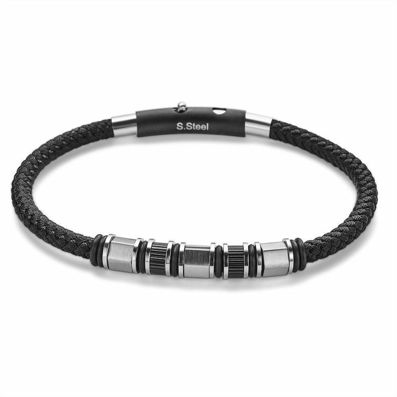 Bracelets | Bracelet en Acier Poli, Cordon Tressé Noir, Acier Noir – Hommes Bijoux Bracelets