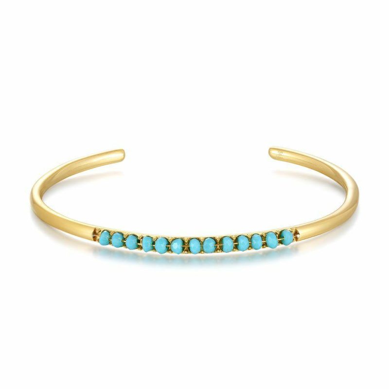 Bracelets | Bracelet en Acier Poli Couleur Doré, Bangle Ouvert, Pierres Turquoises Turquoise – Femmes Bijoux Bracelets