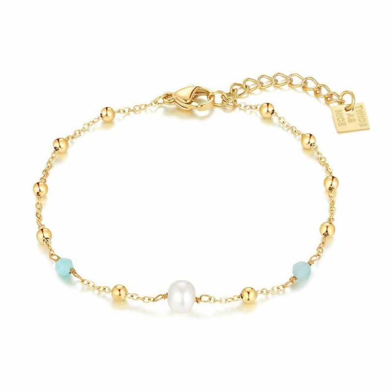 Bracelets | Bracelet en Acier Poli Couleur Or, 1 Perle, 2 Pierres Amazonite Bleu ciel – Femmes Bijoux Bleu ciel