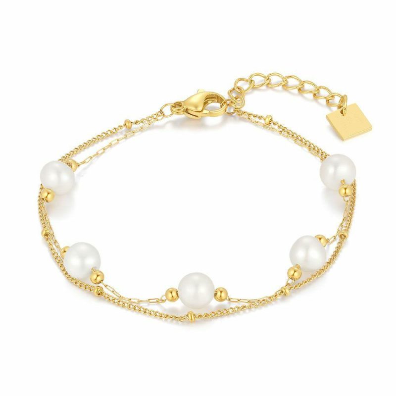 Bracelets | Bracelet en Acier Poli Couleur Or, 5 Perles Blanc – Femmes Bijoux Blanc