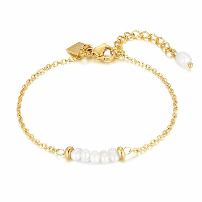 Bracelets | Bracelet en Acier Poli Couleur Or, 5 Perles D’Eau Douce Blanc – Femmes Bijoux Blanc