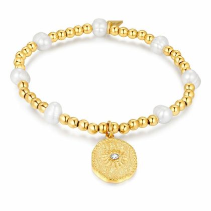 Bracelets | Bracelet en Acier Poli Couleur Or, 6 Perles, Ovale et Soleil Blanc – Femmes Bijoux Blanc