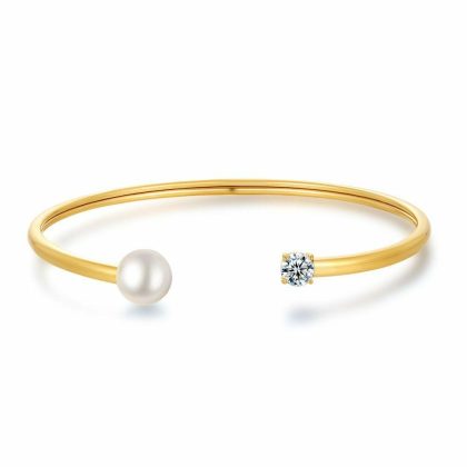 Bracelets | Bracelet en Acier Poli Couleur Or, Bangle, Perle et Zirconia Blanc – Femmes Bijoux Blanc