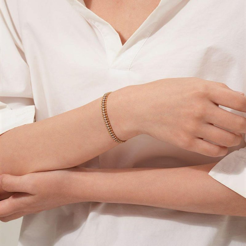 Bracelets | Bracelet en Acier Poli Couleur Or, Boules et Pierres Blanc – Femmes Bijoux Blanc