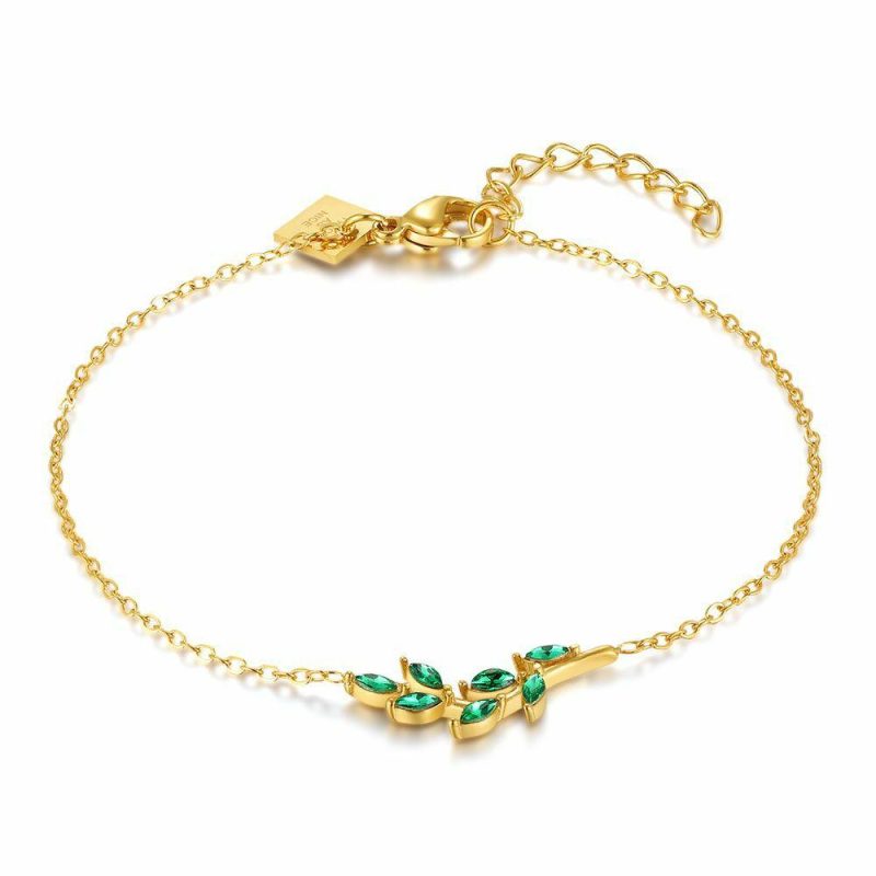 Bracelets | Bracelet en Acier Poli Couleur Or, Branche Verte Vert – Femmes Bijoux Bracelets