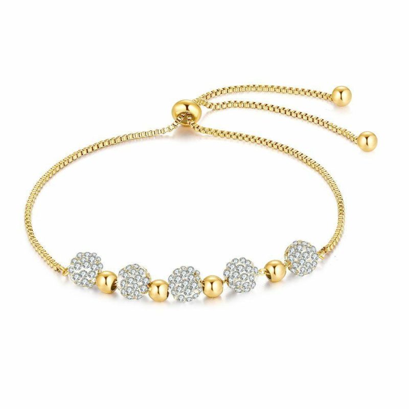 Bracelets | Bracelet en Acier Poli Couleur Or, Chaine Venitienne, 5 Boules en Cristaux Blanc – Femmes Bijoux Blanc