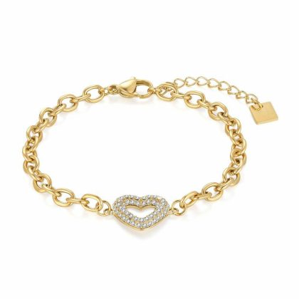 Bracelets | Bracelet en Acier Poli Couleur Or, Coeur, Pierres Blanc – Femmes Bijoux Blanc