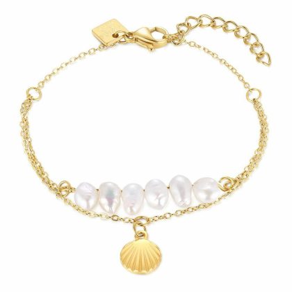 Bracelets | Bracelet en Acier Poli Couleur Or, Coquillage et Perles Blanc – Femmes Bijoux Blanc