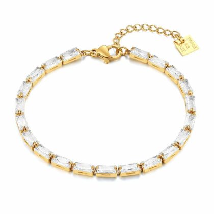 Bracelets | Bracelet en Acier Poli Couleur Or, Cristaux Rectangulaires Blanc – Femmes Bijoux Blanc