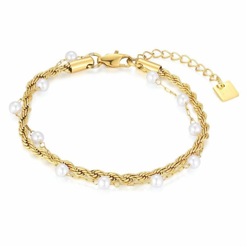 Bracelets | Bracelet en Acier Poli Couleur Or, Double Avec Perles Blanc – Femmes Bijoux Blanc