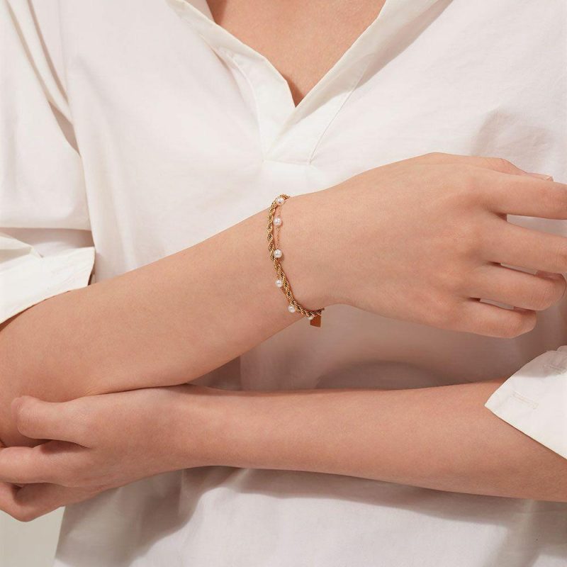 Bracelets | Bracelet en Acier Poli Couleur Or, Double Avec Perles Blanc – Femmes Bijoux Blanc