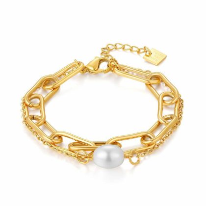 Bracelets | Bracelet en Acier Poli Couleur Or, Double Chaîne, Maillons, Perle Blanc – Femmes Bijoux Blanc