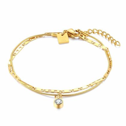 Bracelets | Bracelet en Acier Poli Couleur Or, Double Chaine, 1 Cristal Blanc – Femmes Bijoux Blanc