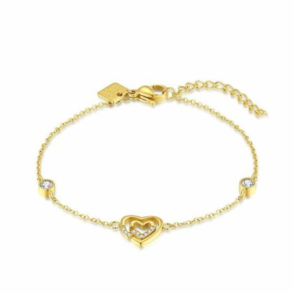 Bracelets | Bracelet en Acier Poli Couleur Or, Double Coeur, Pierres Blanc – Femmes Bijoux Blanc