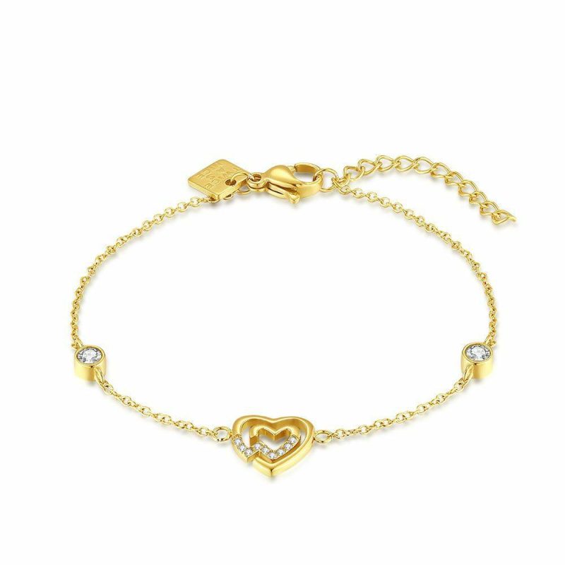 Bracelets | Bracelet en Acier Poli Couleur Or, Double Coeur, Pierres Blanc – Femmes Bijoux Blanc