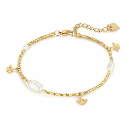 Bracelets | Bracelet en Acier Poli Couleur Or, Feuilles Gingko Blanc – Femmes Bijoux Blanc